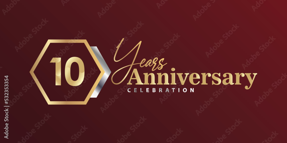 10th Year Anniversary Celebration Golden and Silver Color with Hexagon Shape for Celebration Event, Wedding, Greeting card, and Invitation Isolated on Black Background 10th Year Anniversary Celebration Golden and Silver Color with Hexagon Shape for Celebration Event, Wedding, Greeting card, and Invitation Isolated on Black Background