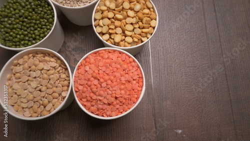 Assorted different types of beans and cereals grains. Set of indispensable sources of protein for a healthy lifestyle. Everyday use at Indian households.