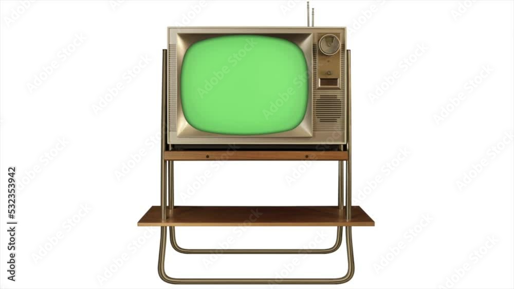 Green screen 3d TV 1960 retro tv build in style slide up & turn on - build out style slide down & turn off Green screen 3d TV 1960 retro tv build in style slide up & turn on - build out style slide down & turn off