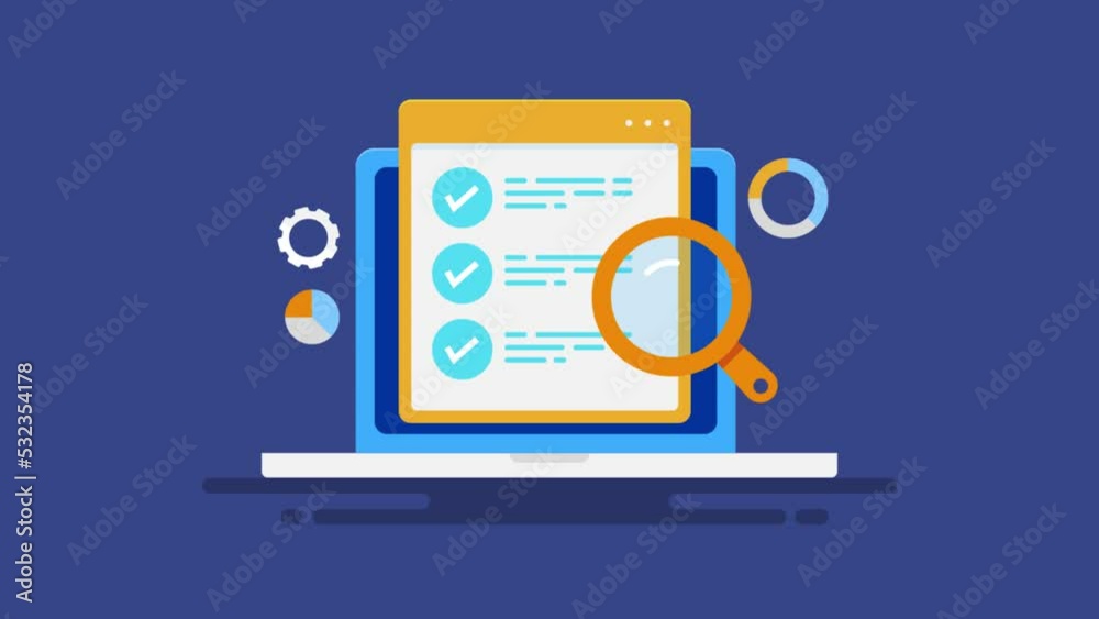 Computer with online business checklist and magnifier analytics data chart, zooming background. 