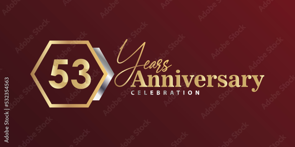 Naklejka premium 53rd Year Anniversary Celebration Golden and Silver Color with Hexagon Shape for Celebration Event, Wedding, Greeting card, and Invitation Isolated on Black Background