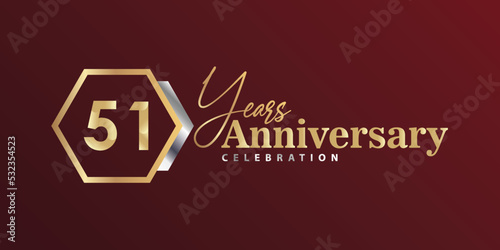 51st Year Anniversary Celebration Golden and Silver Color with Hexagon Shape for Celebration Event, Wedding, Greeting card, and Invitation Isolated on Black Background