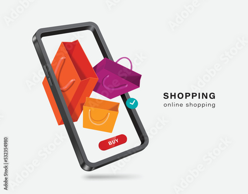 purple,orange,yellow shopping bag and buy icon floating on smartphone screen,vector 3d isolated on white background for delivery and online shopping concept design,vector for advertising design