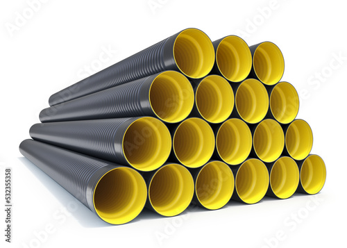 HDPE Corrugated pipe for drainage on white background - 3D illustration photo