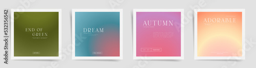 Gradient neon square post design set for background, album covers, banners, promo posts and notebooks. Blurry decorative banners. Duotone autumn layouts, cute typography creatives.	