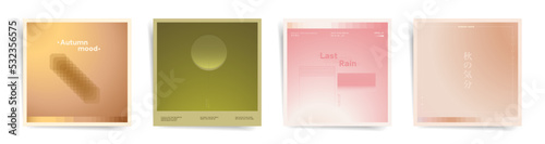Japanese minimal gradient vertical square posts with geometric shapes design set for brochure, flyer, album cover and web banner. Autumn modern boho template. Vector fall fashion retro set.