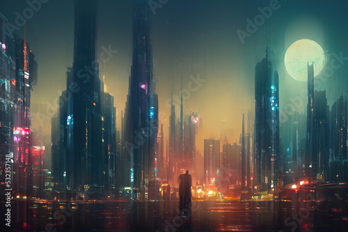 Cityscape of asian cyberpunk city at night. Neon, skyscrapers, fantasy cyber city. 3D illustration