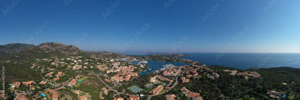 Panorama Centre of Costa Smeralda. One of the most expensive resorts in the world. Aerial View of Porto Cervo, Italian seaside resort in northern Sardinia, Italy.