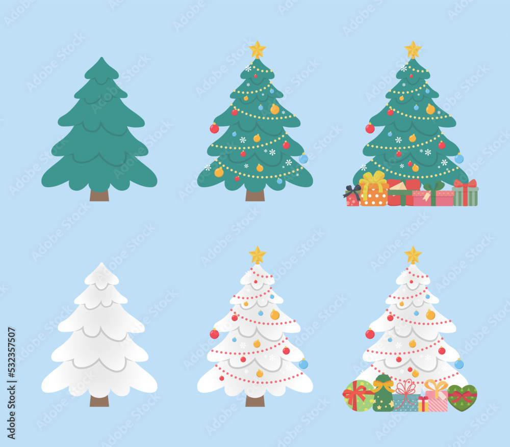 Set of green and white Christmas trees, colorful decorations with gift boxes with ribbons, coniferous fir, covered with snow, vector cartoon style Set of green and white Christmas trees, colorful decorations with gift boxes with ribbons, coniferous fir, covered with snow, vector cartoon style