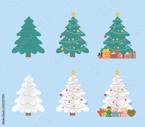 Set of green and white Christmas trees, colorful decorations with gift boxes with ribbons, coniferous fir, covered with snow, vector cartoon style