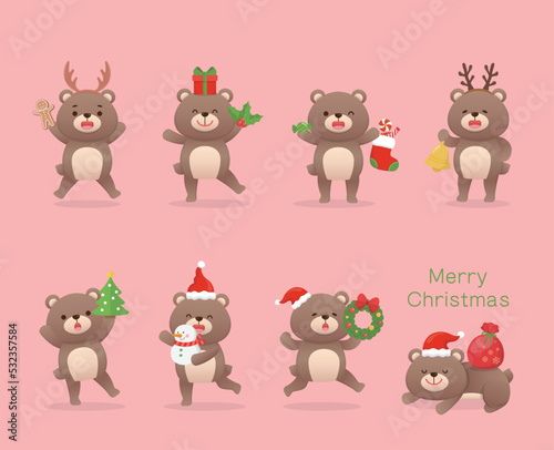 Set of cute baby bear character mascot with Christmas elements and dress up, happy celebration, vector cartoon style