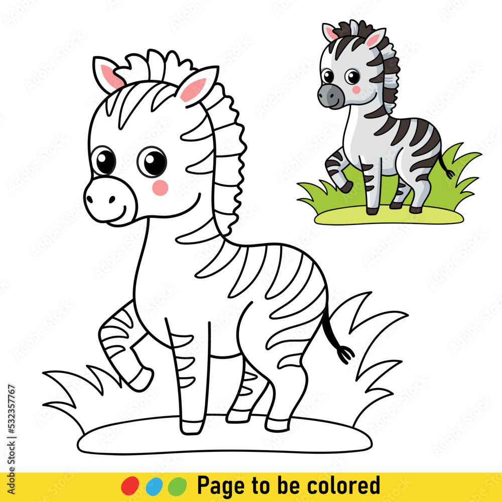 Coloring book with zebra in cartoon style. Black and white illustration with animals