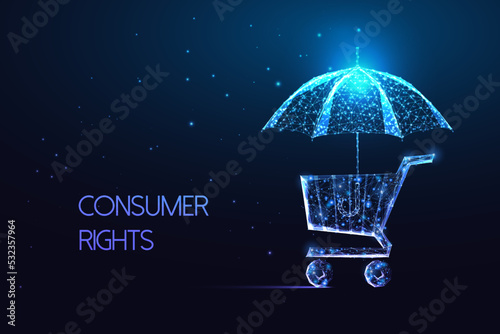 Consumer rights concept with shopping card and protective umbrella in futuristic style on dark blue