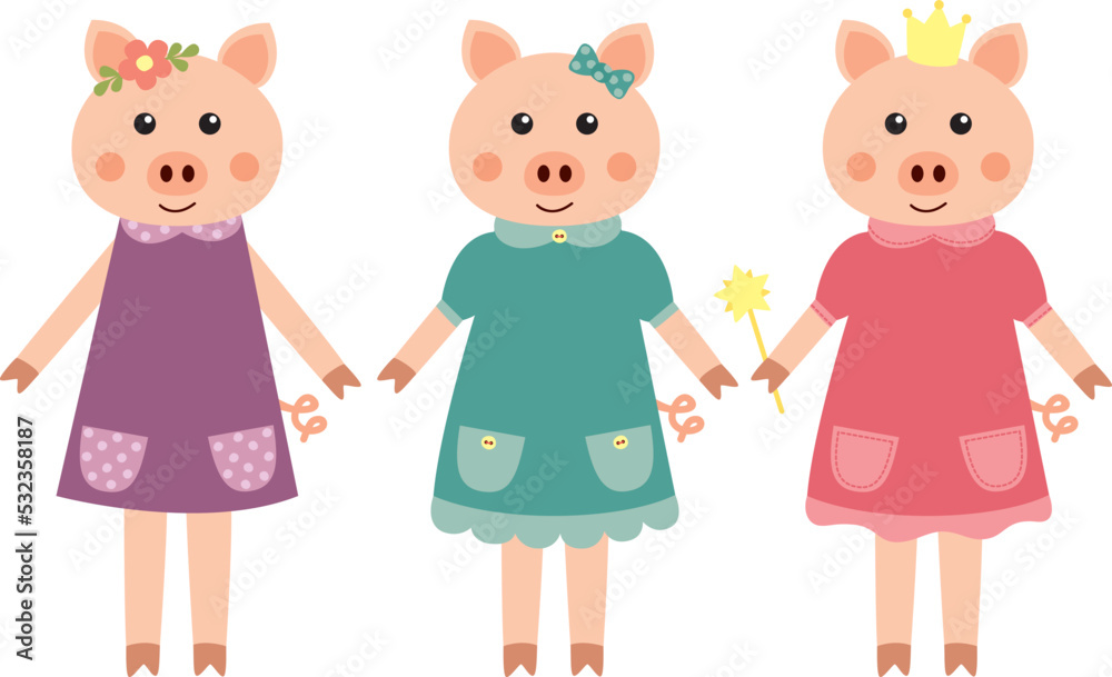 Three cute little piglets characters in a dresses. Vector illustration