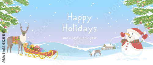 Vector illustration of Happy Holidays background. Winter landscape with christmas tree, santa claus reindeer and snowman.