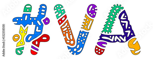 VA Hashtag. Multicolored bright isolate curves doodle letters. Hashtag #VA is abbreviation for the US American state Virginia for social network, web resources, mobile apps.