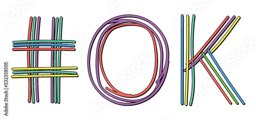 OK Hashtag. Isolate neon doodle lettering text from multi-colored curved neon lines like from a felt-tip pen, pensil. #OK is abbreviation for the US America state Oklahoma