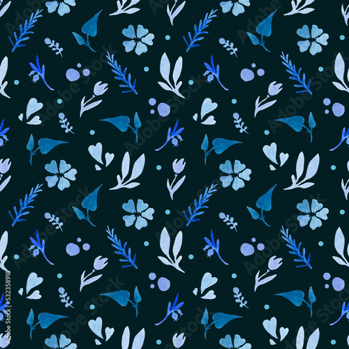 seamless watercolor pattern of stylized flowers and leaves on a dark background.