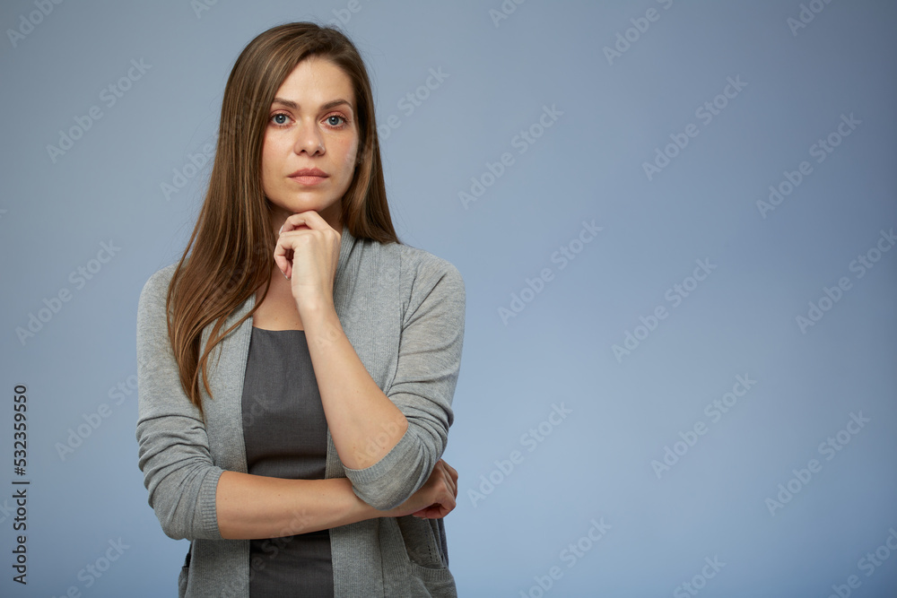 Serious thinking business woman. Isolated female portrait. Serious thinking business woman. Isolated female portrait.