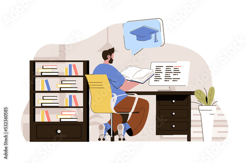 University education concept. Student reads book, preparing for final exams situation. Graduation and diploma people scene. Illustration with flat character design for website and mobile site