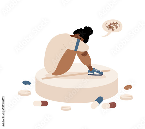 Depressed african woman sitting on huge pill. Sad girl with headache. Mental disorders concept. Antidepressants, vitamins and hormonal medications. Vector illustration in flat cartoon style.