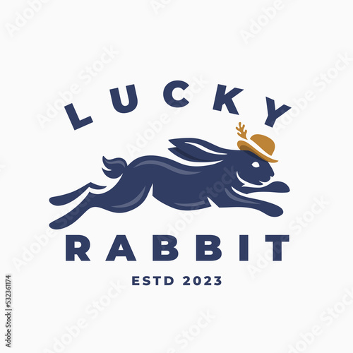 Lucky rabbit logo design. Jumping hare with hat icon. Year of the rabbit luck emblem. Leaping easter bunny with top hat brand identity. Vector illustration.