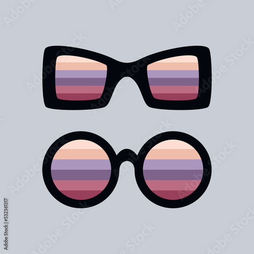 Square and round gradient sunglasses vector set. Hand drawn graphic icon isolated. Flat doodle illustration.
