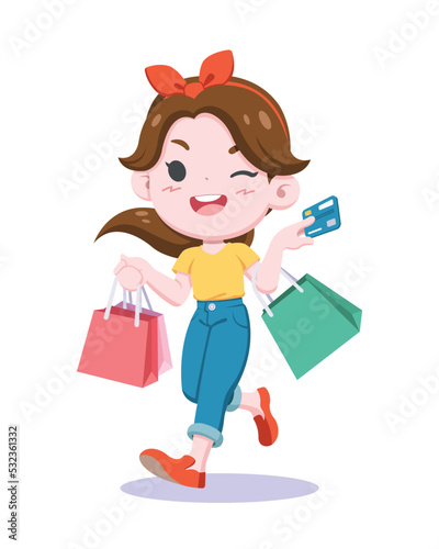 Cute style happy woman shopping with credit card cartoon illustration
