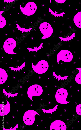 Halloween, seamless pattern with ghosts and bats. Endless background, decor elements, color fabric, textile, wallpaper.
