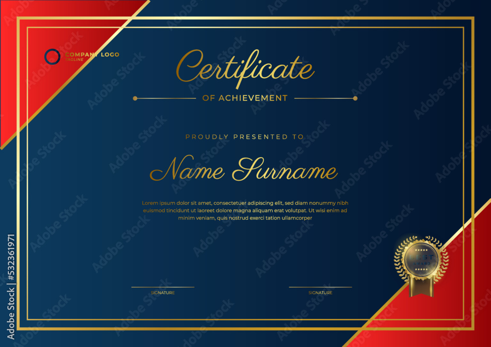 premium golden black and red certificate template design. Stock Vector