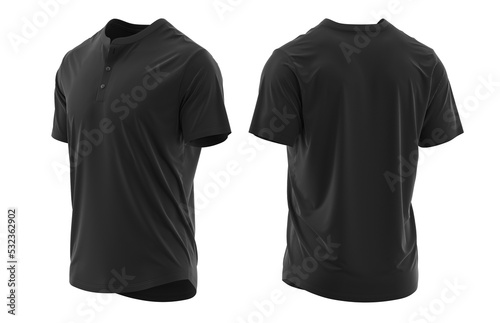 T-shirt henley collar short sleeve with placket and button. jersey fabric texture ( 3d rendered ) Black