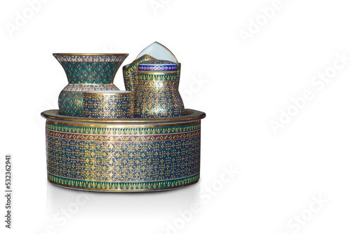 front view antique benjarong betel nuts set in the benjarong tray on white background, object, old, decor, gift, vintage, copy space photo