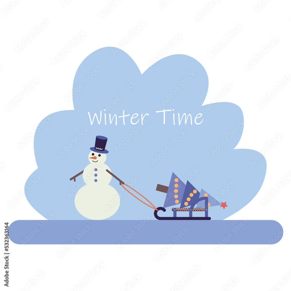 Postcard winter time with snowman, sledge and Christmas tree Postcard winter time with snowman, sledge and Christmas tree