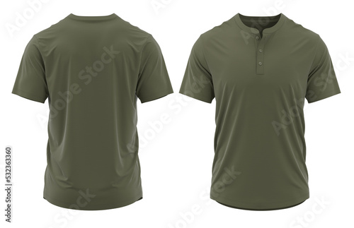 T-shirt henley collar short sleeve with placket and button. jersey fabric texture ( 3d rendered ) Olive