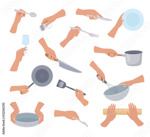 holding utensils. dishes spoon fork plates and knifes kitchenware tools in hands. Vector cartoon templates