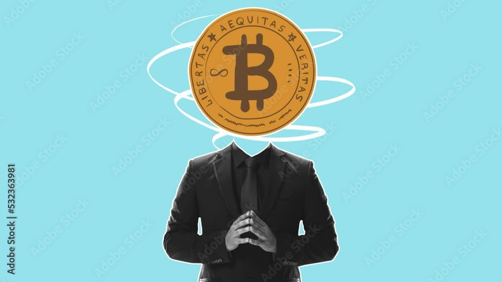 Man in business suit with bitcoin sign instead head. Stop motion, 2k animation. Business, finance, stock, income, goals Man in business suit with bitcoin sign instead head. Stop motion, 2k animation. Business, finance, stock, income, goals