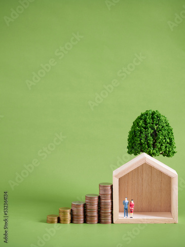 Miniature house model with coins stacks