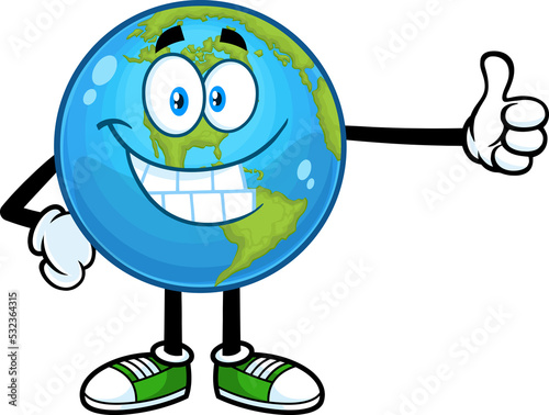 Smiling Earth Globe Cartoon Character Showing Thumbs Up. Hand Drawn Illustration Isolated On Transparent Background
