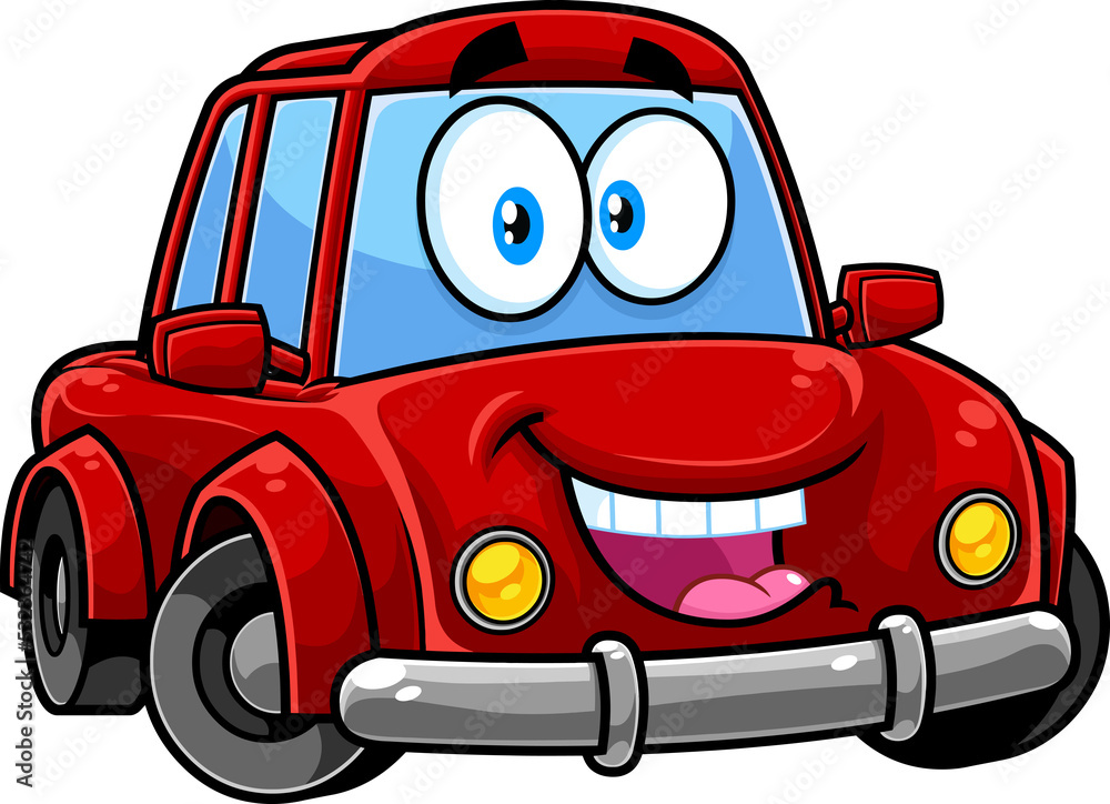 Happy Red Car Cartoon Character. Hand Drawn Illustration Isolated On