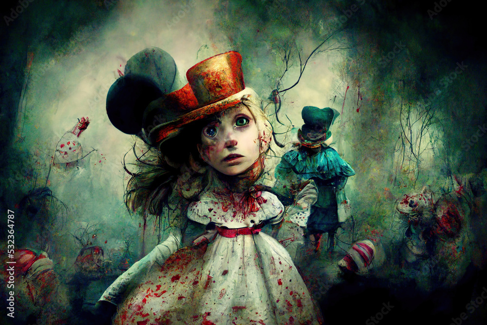 Alice in wonderland, horror style for halloween, hatter and bunny are