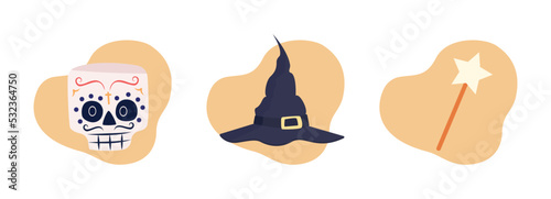 Preparing for Halloween party 2D vector isolated illustrations set. Witchcraft flat cartoon stickers. Masquerade costume colourful editable elements collection for mobile, website, presentation