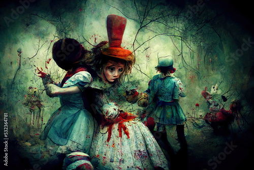 Tela Alice in wonderland, horror style for halloween, hatter and bunny are demons
