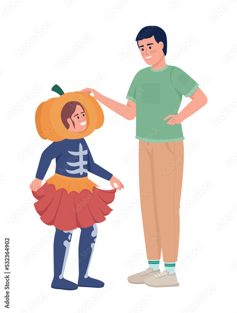 Girl with dad choosing costume for Halloween semi flat color vector characters. Editable figures. Full body people on white. Simple cartoon style illustration for web graphic design and animation Girl with dad choosing costume for Halloween semi flat color vector characters. Editable figures. Full body people on white. Simple cartoon style illustration for web graphic design and animation