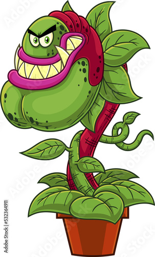 Angry Evil Carnivorous Plant Cartoon Character. Hand Drawn Illustration Isolated On Transparent Background