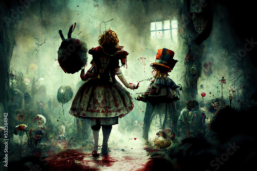 Fototapeta Alice in wonderland, horror style for halloween, hatter and bunny are demons