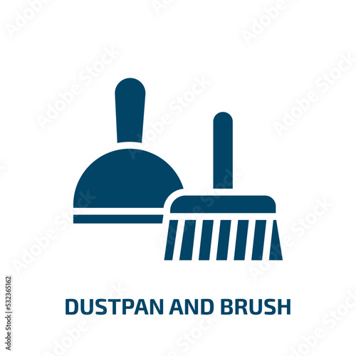 dustpan and brush icon from construction tools collection. Filled dustpan and brush, dustpan, brush glyph icons isolated on white background. Black vector dustpan and brush sign, symbol for web design