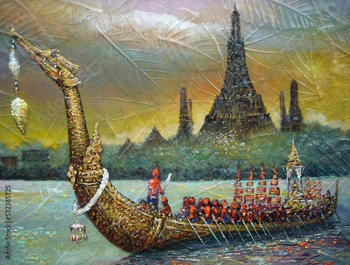 hand painted original impressionism art painting oil color royal barge thailand suphannahong boat royal boat king boat king's vehicle temple religion fragment of artwork colorful strokes exhibited