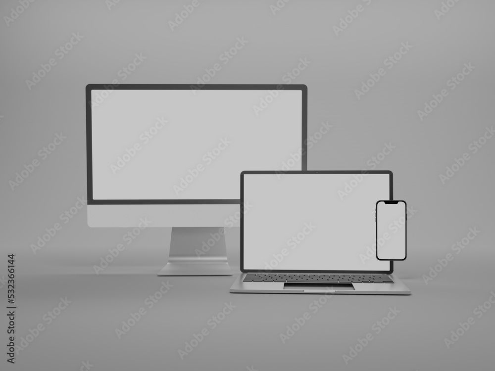 Multi-device website presentation mock-up view. white background with shadow. 3d rendering Multi-device website presentation mock-up view. white background with shadow. 3d rendering