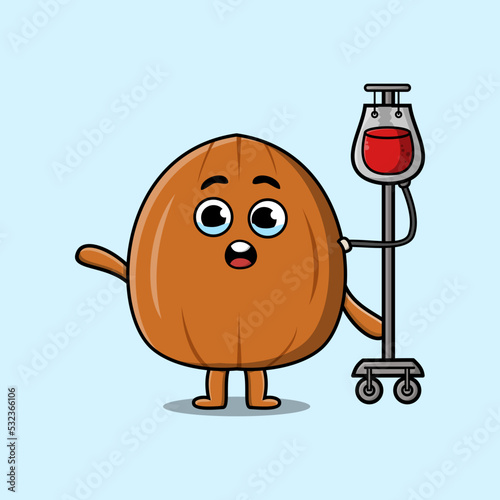 Cute cartoon illustration of almond nut having blood transfusion with modern style