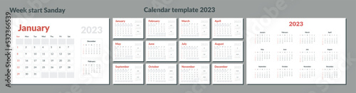 2023 Calendar Planner Template. Vector layout of a wall or desk simple calendar with week start sunday. Calendar grid in grey color for print